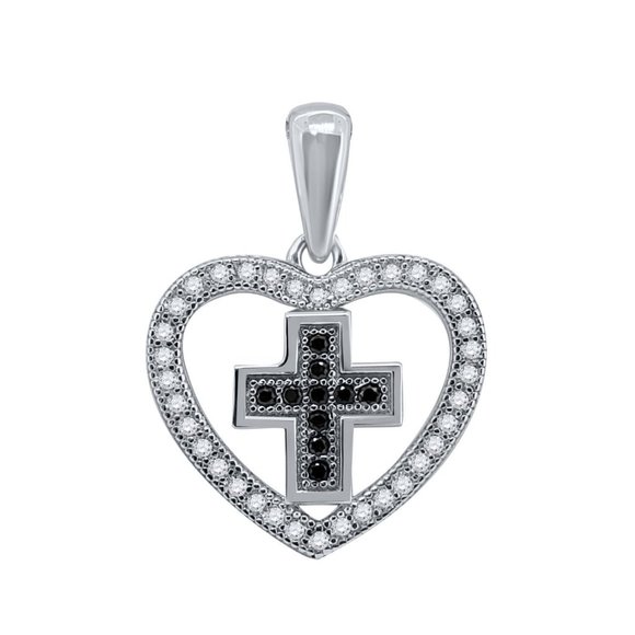 Moissanite-Black Diamond Cross-Heart Pendant Silve - Picture 2 of 4